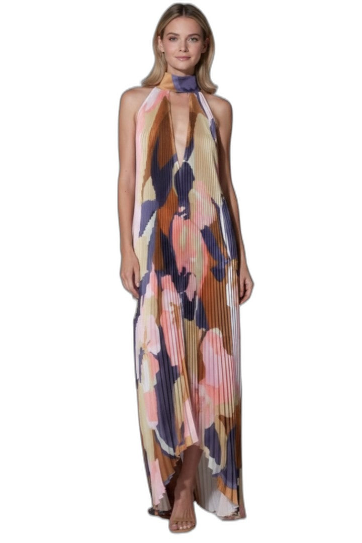 Elegant Abstract Maxi Dress for Women with Halter Sleeveless Pleated Flowing Cocktail Style