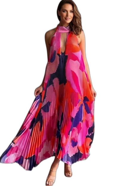 Elegant Abstract Maxi Dress for Women with Halter Sleeveless Pleated Flowing Cocktail Style