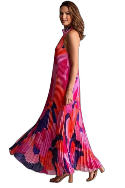 Elegant Abstract Maxi Dress for Women with Halter Sleeveless Pleated Flowing Cocktail Style