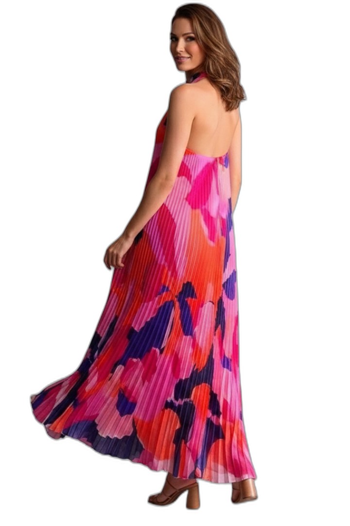 Elegant Abstract Maxi Dress for Women with Halter Sleeveless Pleated Flowing Cocktail Style