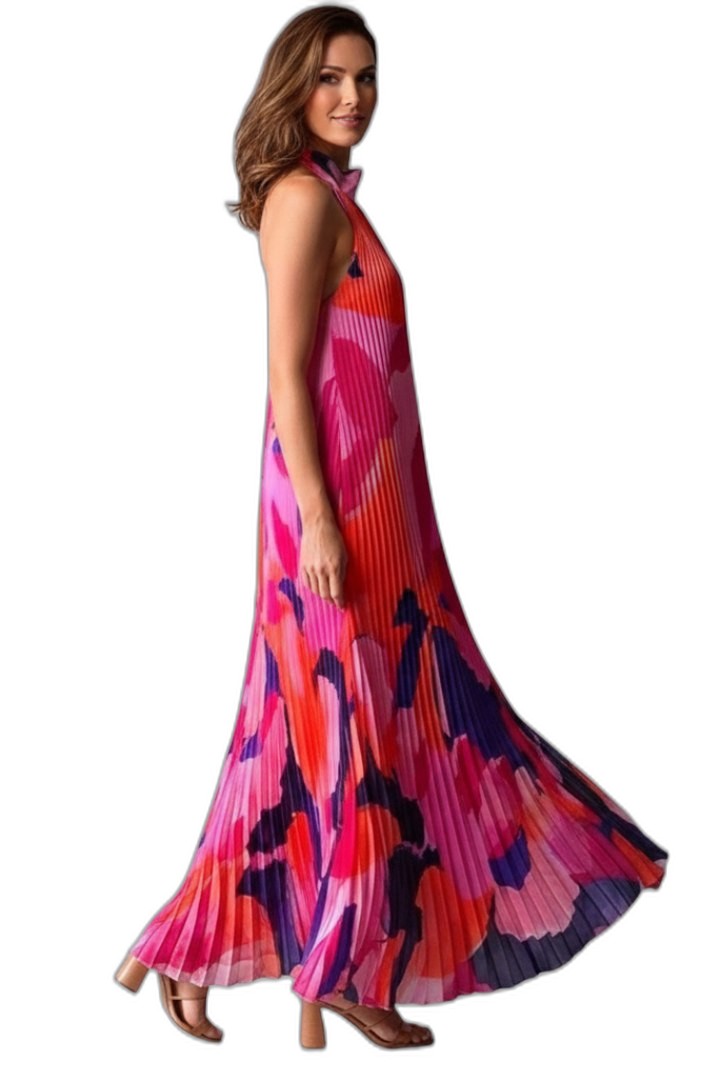 Elegant Abstract Maxi Dress for Women with Halter Sleeveless Pleated Flowing Cocktail Style