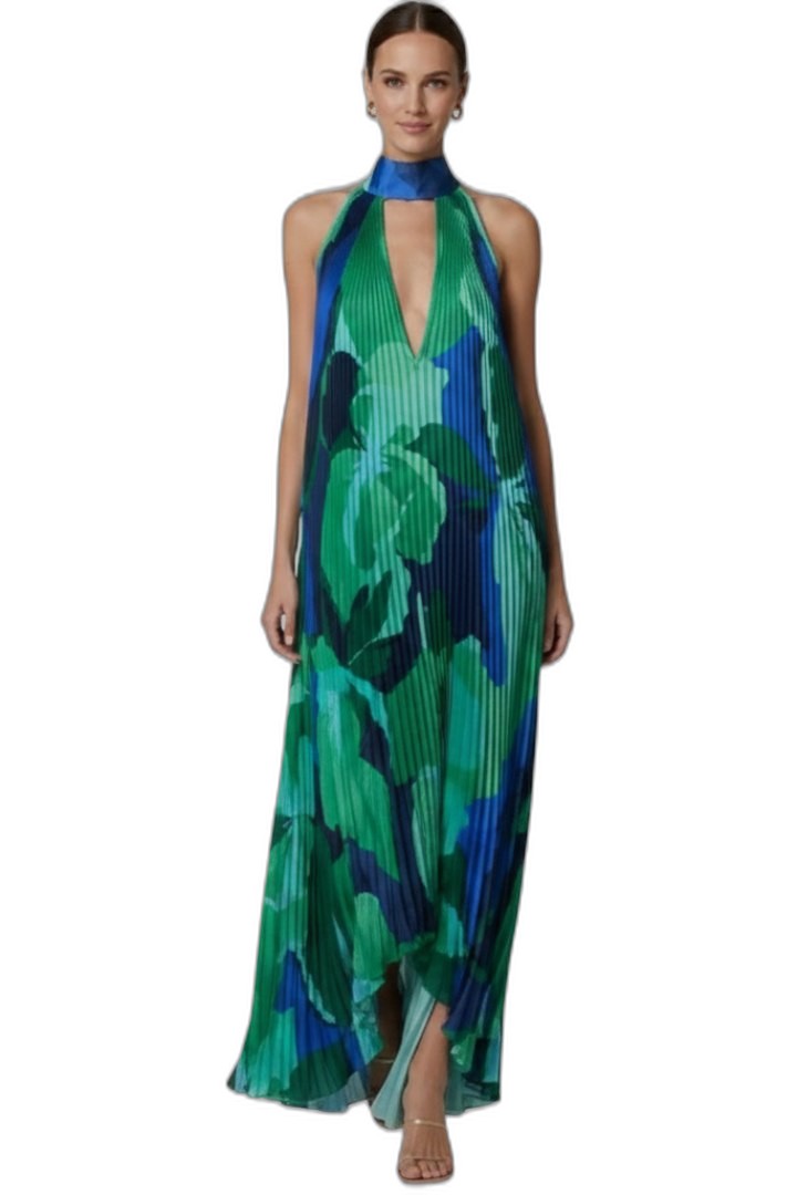 Elegant Abstract Maxi Dress for Women with Halter Sleeveless Pleated Flowing Cocktail Style