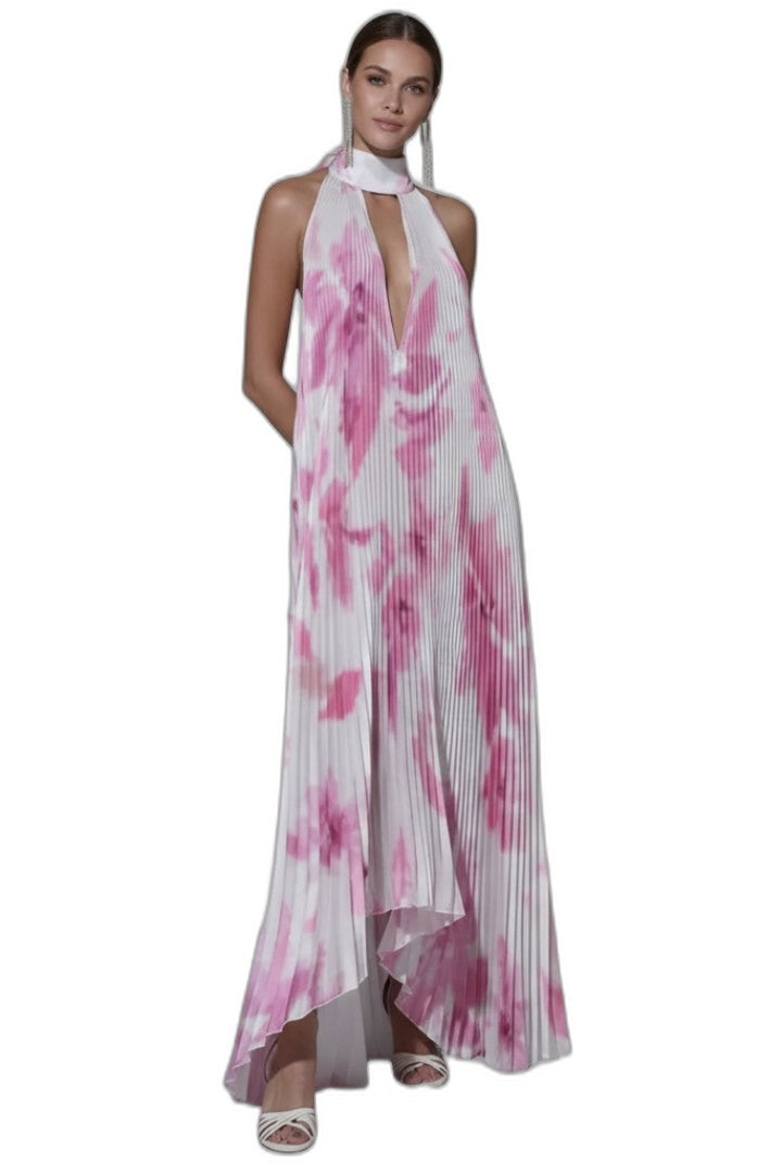 Elegant Abstract Maxi Dress for Women with Halter Sleeveless Pleated Flowing Cocktail Style