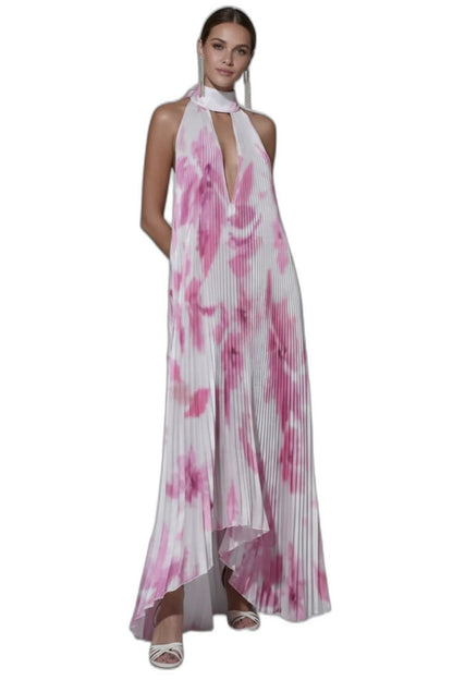 Elegant Abstract Maxi Dress for Women with Halter Sleeveless Pleated Flowing Cocktail Style