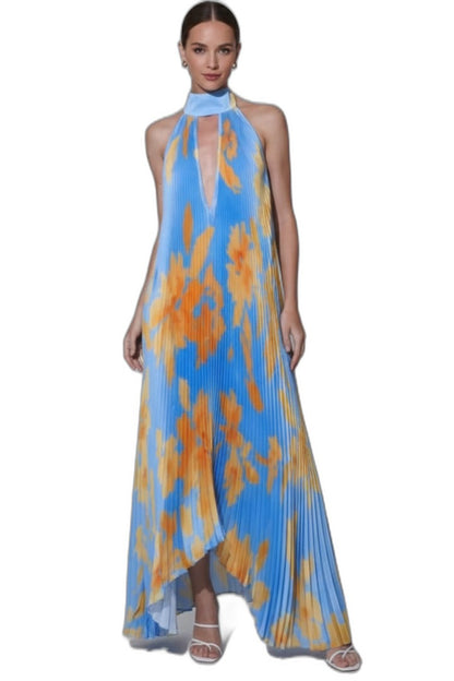 Elegant Abstract Maxi Dress for Women with Halter Sleeveless Pleated Flowing Cocktail Style