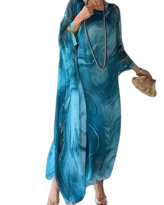 Elegant Abstract Maxi Dress for Women with Long Sleeve Flowing Vacation Style