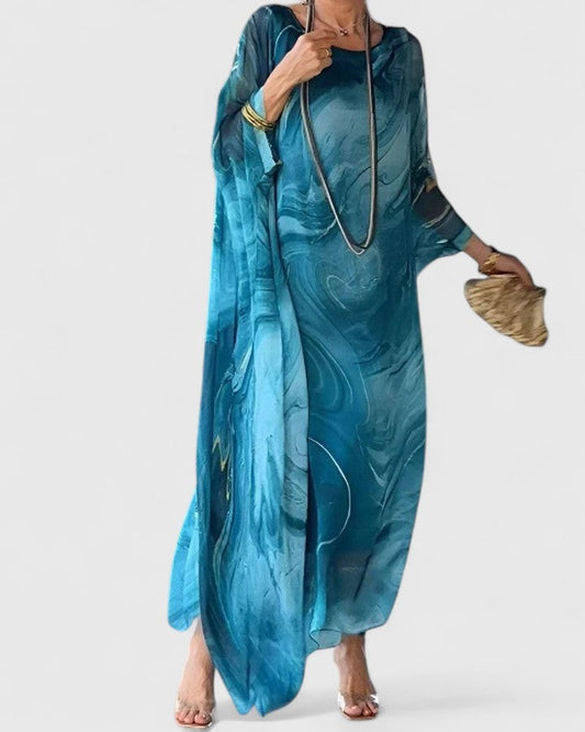 Elegant Abstract Maxi Dress for Women with Long Sleeve Flowing Vacation Style