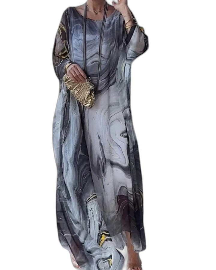 Elegant Abstract Maxi Dress for Women with Long Sleeve Flowing Vacation Style