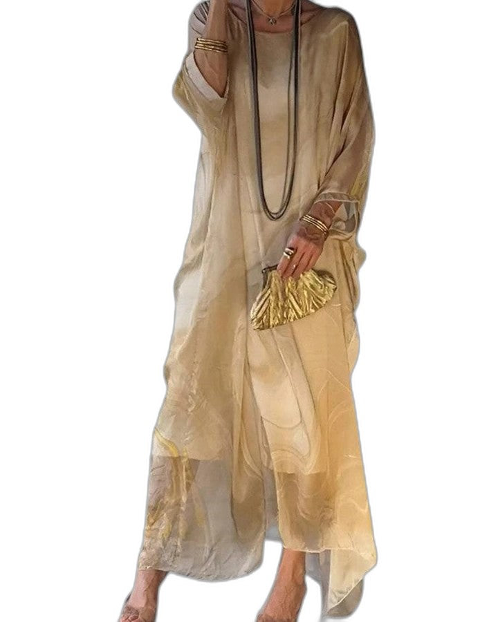 Elegant Abstract Maxi Dress for Women with Long Sleeve Flowing Vacation Style