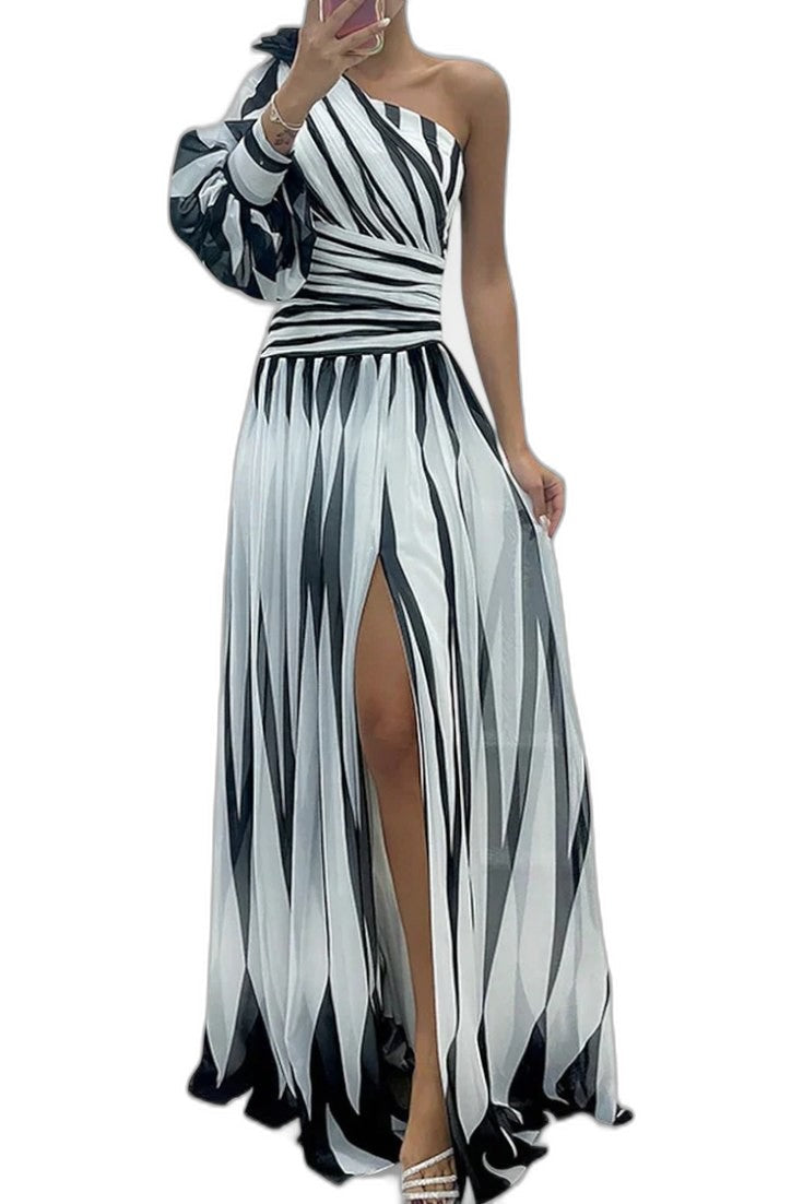 Elegant Abstract Maxi Dress for Women with One Shoulder Sleeveless Cutout Cocktail Style
