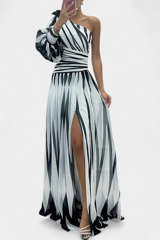 Elegant Abstract Maxi Dress for Women with One Shoulder Sleeveless Cutout Cocktail Style