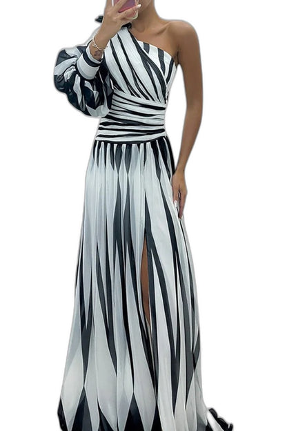 Elegant Abstract Maxi Dress for Women with One Shoulder Sleeveless Cutout Cocktail Style
