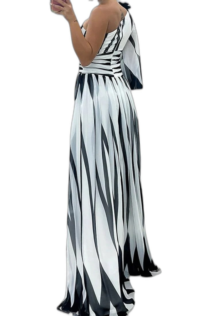 Elegant Abstract Maxi Dress for Women with One Shoulder Sleeveless Cutout Cocktail Style