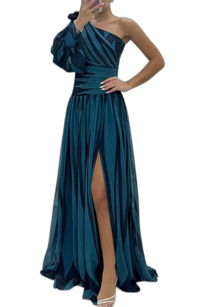 Elegant Abstract Maxi Dress for Women with One Shoulder Sleeveless Cutout Cocktail Style
