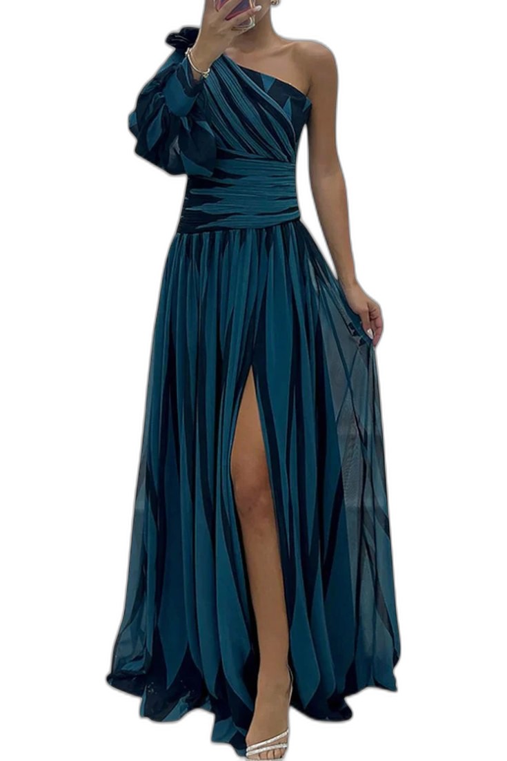 Elegant Abstract Maxi Dress for Women with One Shoulder Sleeveless Cutout Cocktail Style