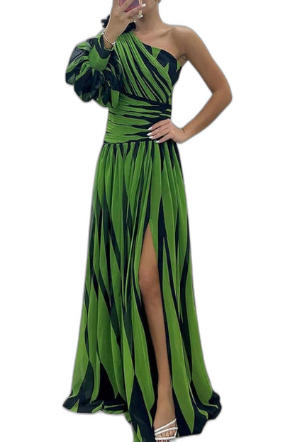 Elegant Abstract Maxi Dress for Women with One Shoulder Sleeveless Cutout Cocktail Style