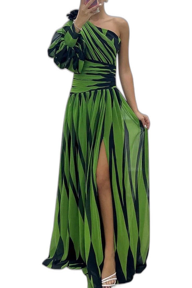 Elegant Abstract Maxi Dress for Women with One Shoulder Sleeveless Cutout Cocktail Style