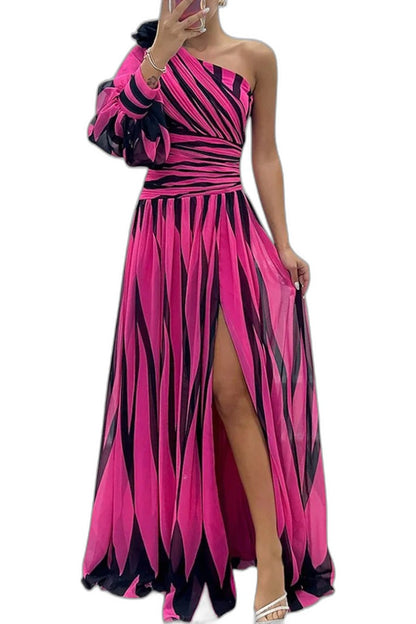 Elegant Abstract Maxi Dress for Women with One Shoulder Sleeveless Cutout Cocktail Style