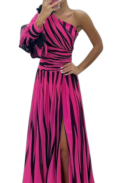 Elegant Abstract Maxi Dress for Women with One Shoulder Sleeveless Cutout Cocktail Style