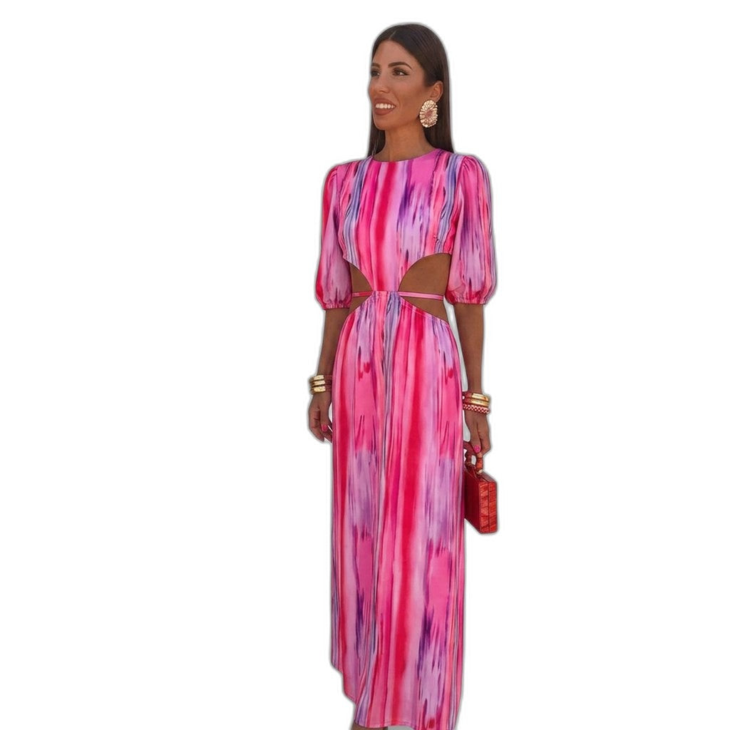 Elegant Abstract Midi Dress for Women with Crew Neck Puff Sleeve Cutout Flowing Party Style