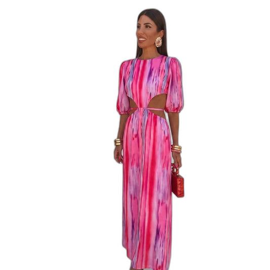 Elegant Abstract Midi Dress for Women with Crew Neck Puff Sleeve Cutout Flowing Party Style