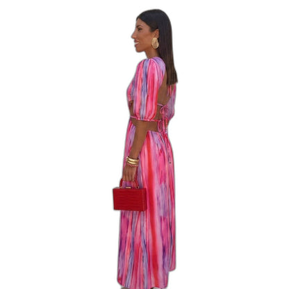 Elegant Abstract Midi Dress for Women with Crew Neck Puff Sleeve Cutout Flowing Party Style