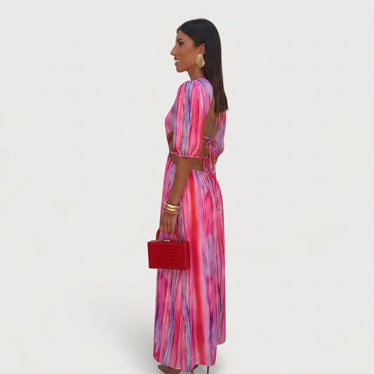 Elegant Abstract Midi Dress for Women with Crew Neck Puff Sleeve Cutout Flowing Party Style