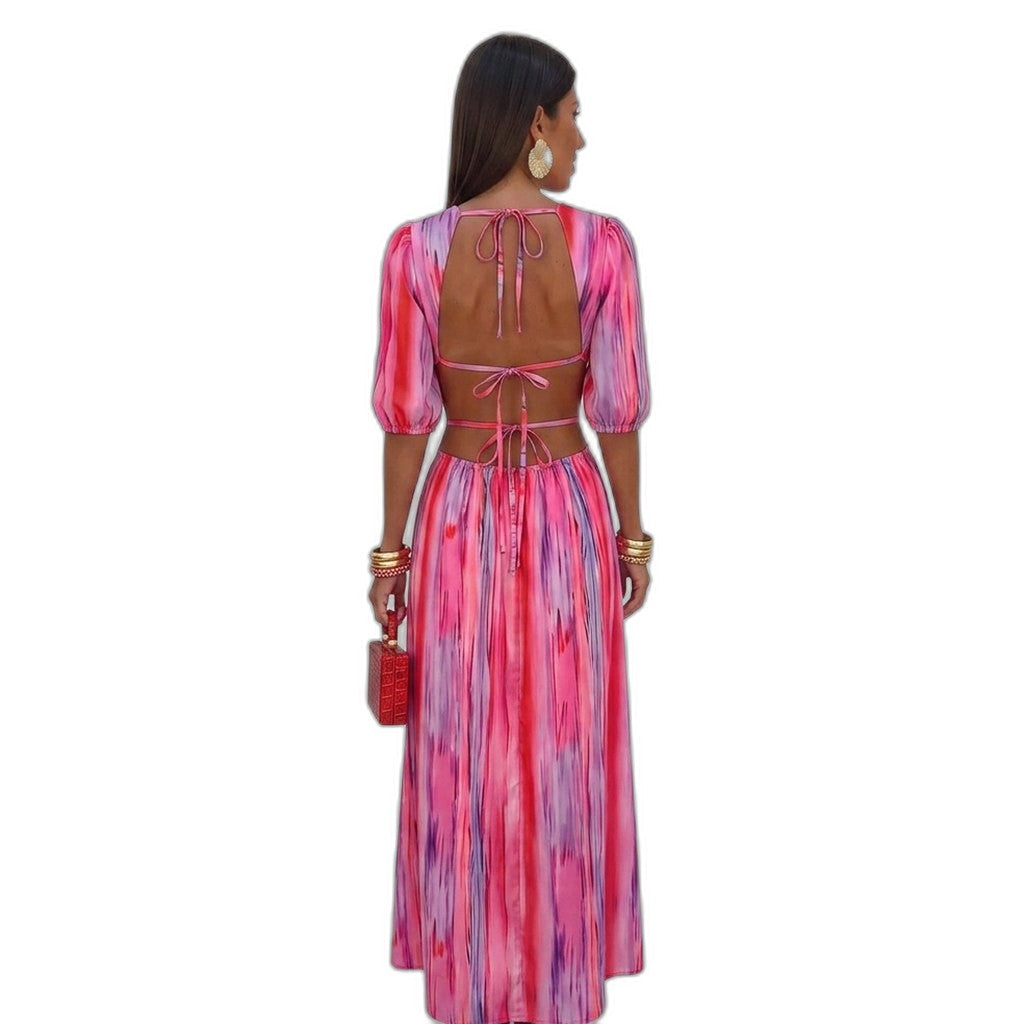 Elegant Abstract Midi Dress for Women with Crew Neck Puff Sleeve Cutout Flowing Party Style