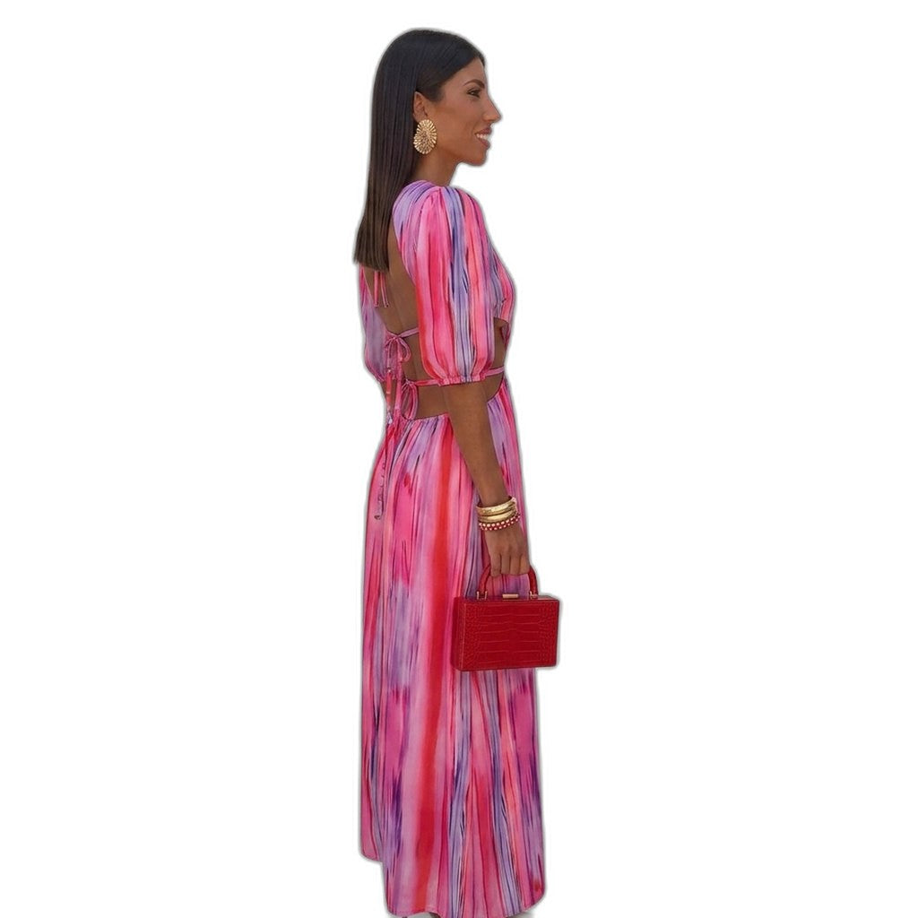Elegant Abstract Midi Dress for Women with Crew Neck Puff Sleeve Cutout Flowing Party Style