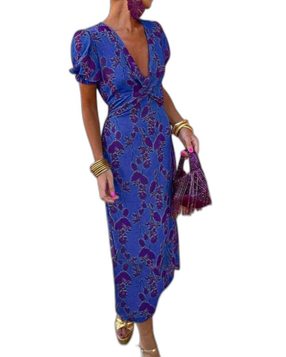 Elegant Abstract Midi Dress for Women with V Neck Puff Sleeve Bodycon Wrap Cocktail Style