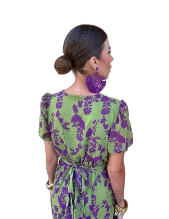 Elegant Abstract Midi Dress for Women with V Neck Puff Sleeve Bodycon Wrap Cocktail Style