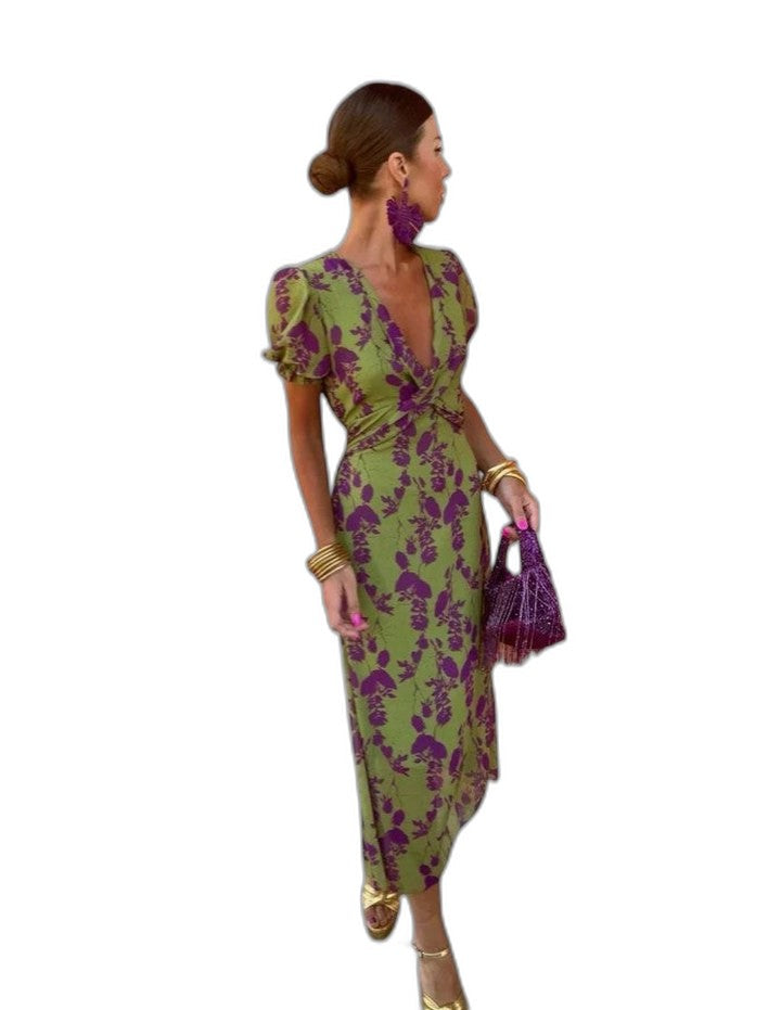 Elegant Abstract Midi Dress for Women with V Neck Puff Sleeve Bodycon Wrap Cocktail Style