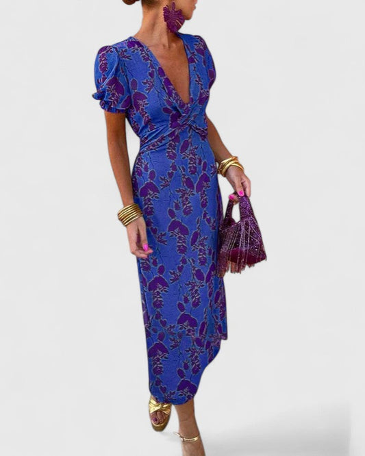 Elegant Abstract Midi Dress for Women with V Neck Puff Sleeve Bodycon Wrap Cocktail Style