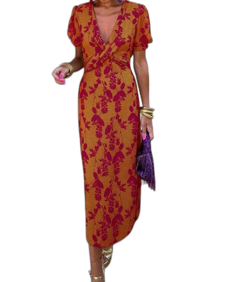 Elegant Abstract Midi Dress for Women with V Neck Puff Sleeve Bodycon Wrap Cocktail Style