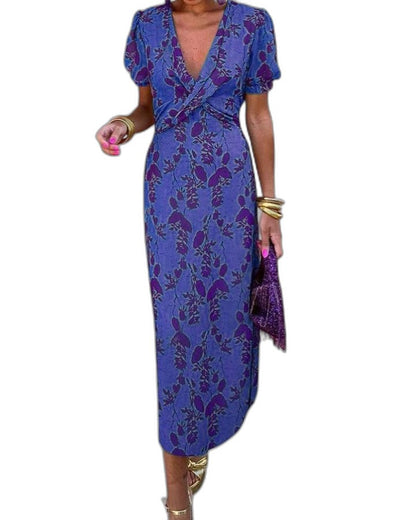 Elegant Abstract Midi Dress for Women with V Neck Puff Sleeve Bodycon Wrap Cocktail Style