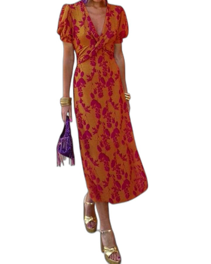 Elegant Abstract Midi Dress for Women with V Neck Puff Sleeve Bodycon Wrap Cocktail Style