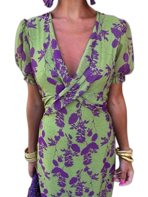 Elegant Abstract Midi Dress for Women with V Neck Puff Sleeve Bodycon Wrap Cocktail Style
