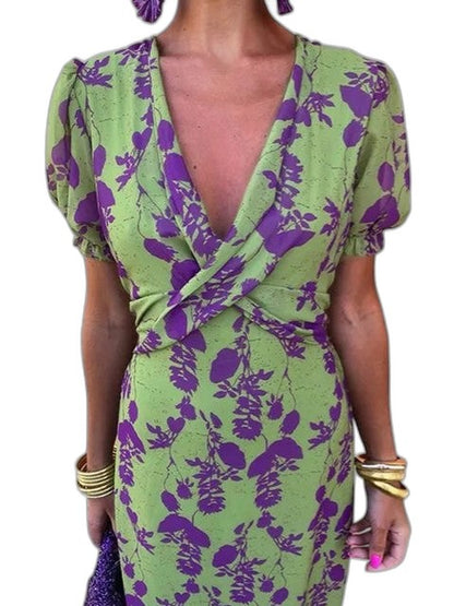 Elegant Abstract Midi Dress for Women with V Neck Puff Sleeve Bodycon Wrap Cocktail Style