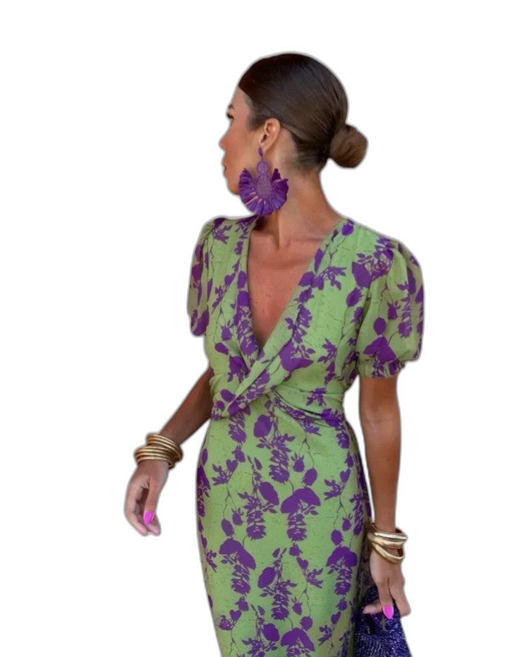 Elegant Abstract Midi Dress for Women with V Neck Puff Sleeve Bodycon Wrap Cocktail Style