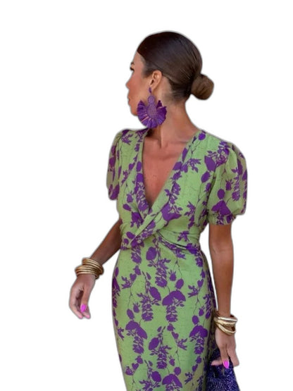 Elegant Abstract Midi Dress for Women with V Neck Puff Sleeve Bodycon Wrap Cocktail Style