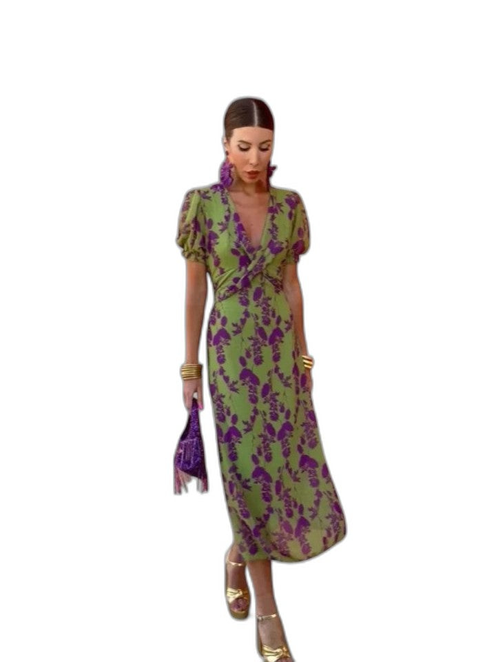 Elegant Abstract Midi Dress for Women with V Neck Puff Sleeve Bodycon Wrap Cocktail Style