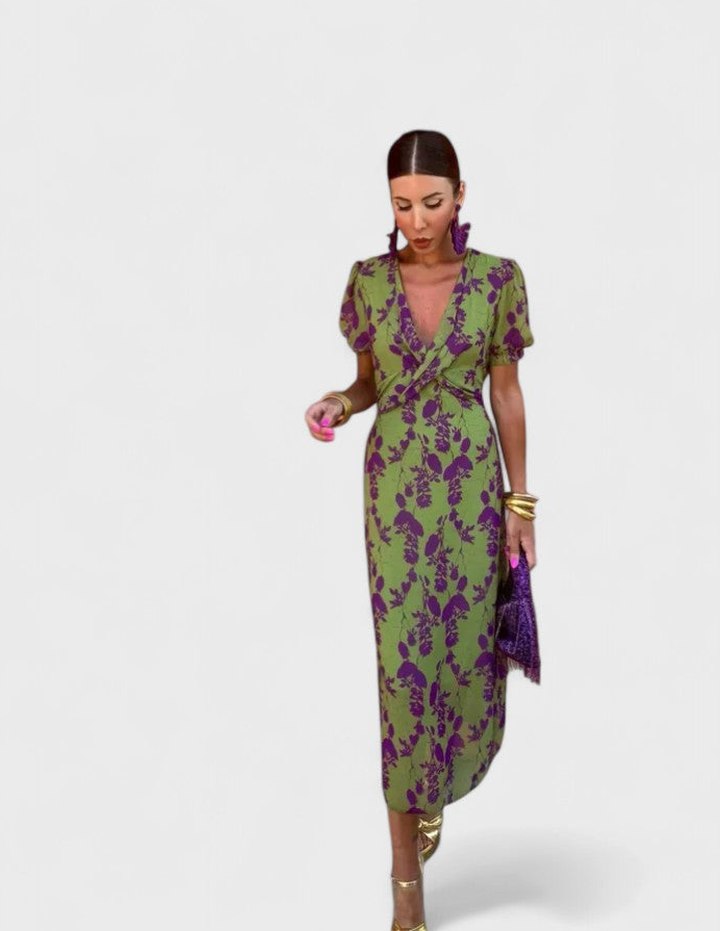 Elegant Abstract Midi Dress for Women with V Neck Puff Sleeve Bodycon Wrap Cocktail Style