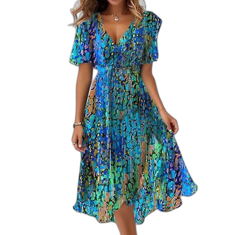 Elegant Abstract Midi Dress for Women with V Neck Short Sleeve Fit And Flare Party Style