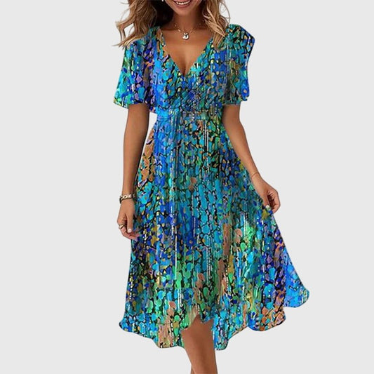 Elegant Abstract Midi Dress for Women with V Neck Short Sleeve Fit And Flare Party Style