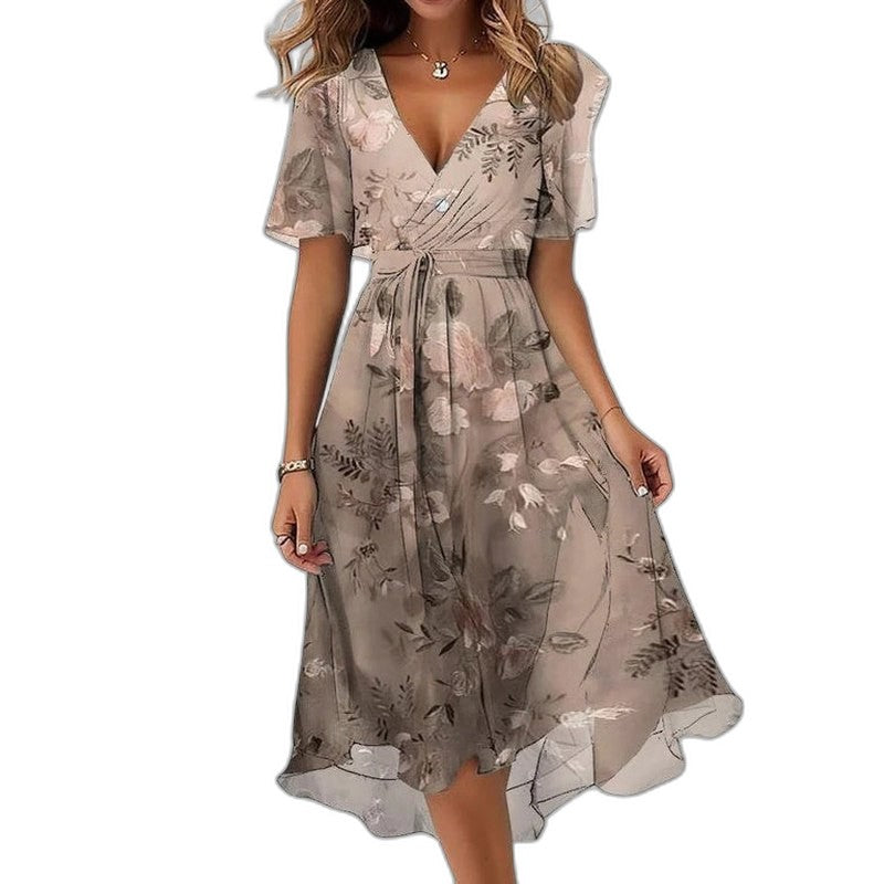 Elegant Abstract Midi Dress for Women with V Neck Short Sleeve Fit And Flare Party Style
