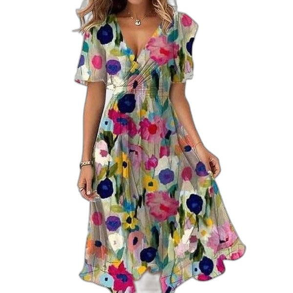 Elegant Abstract Midi Dress for Women with V Neck Short Sleeve Fit And Flare Party Style