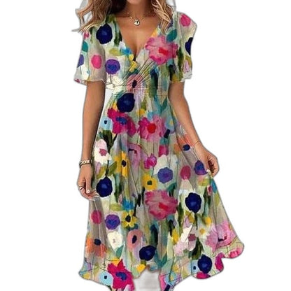 Elegant Abstract Midi Dress for Women with V Neck Short Sleeve Fit And Flare Party Style