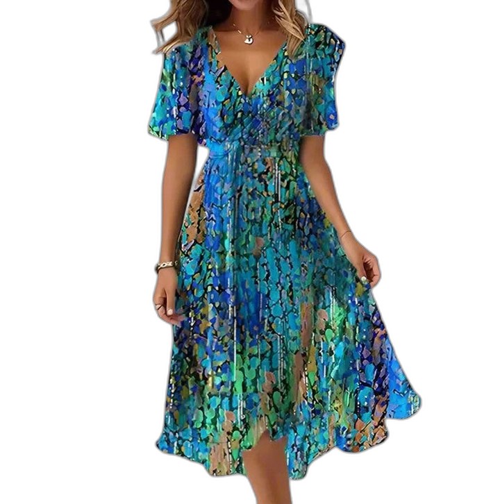 Elegant Abstract Midi Dress for Women with V Neck Short Sleeve Flowing Party Style