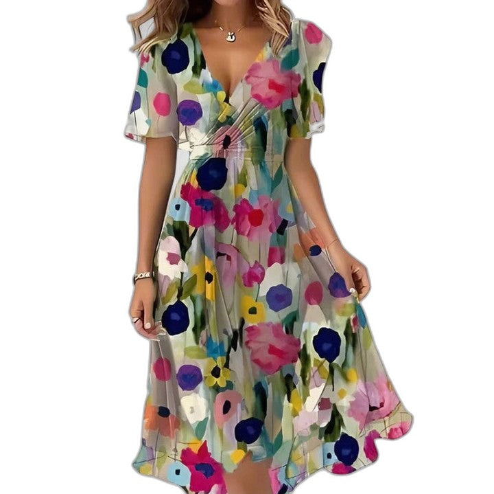 Elegant Abstract Midi Dress for Women with V Neck Short Sleeve Flowing Party Style