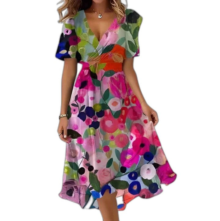 Elegant Abstract Midi Dress for Women with V Neck Short Sleeve Flowing Party Style